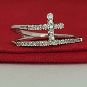 ❤️925 Size 6.75 Sterling Silver Diamond Cross Split Shank Stacked Ring! 👌🎁